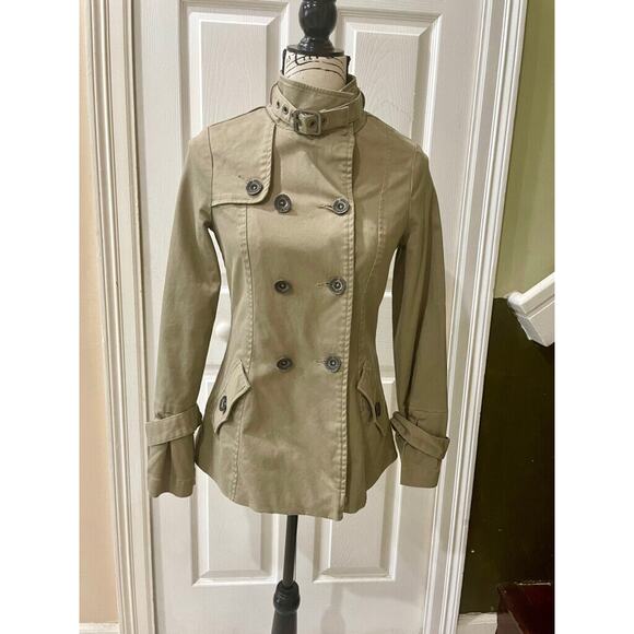 Y2K OAKLEY TRENCH COAT KHAKI SZ XS PEA COAT MILITARY STYLE VERSATILE AESTHETIC - Picture 15 of 16